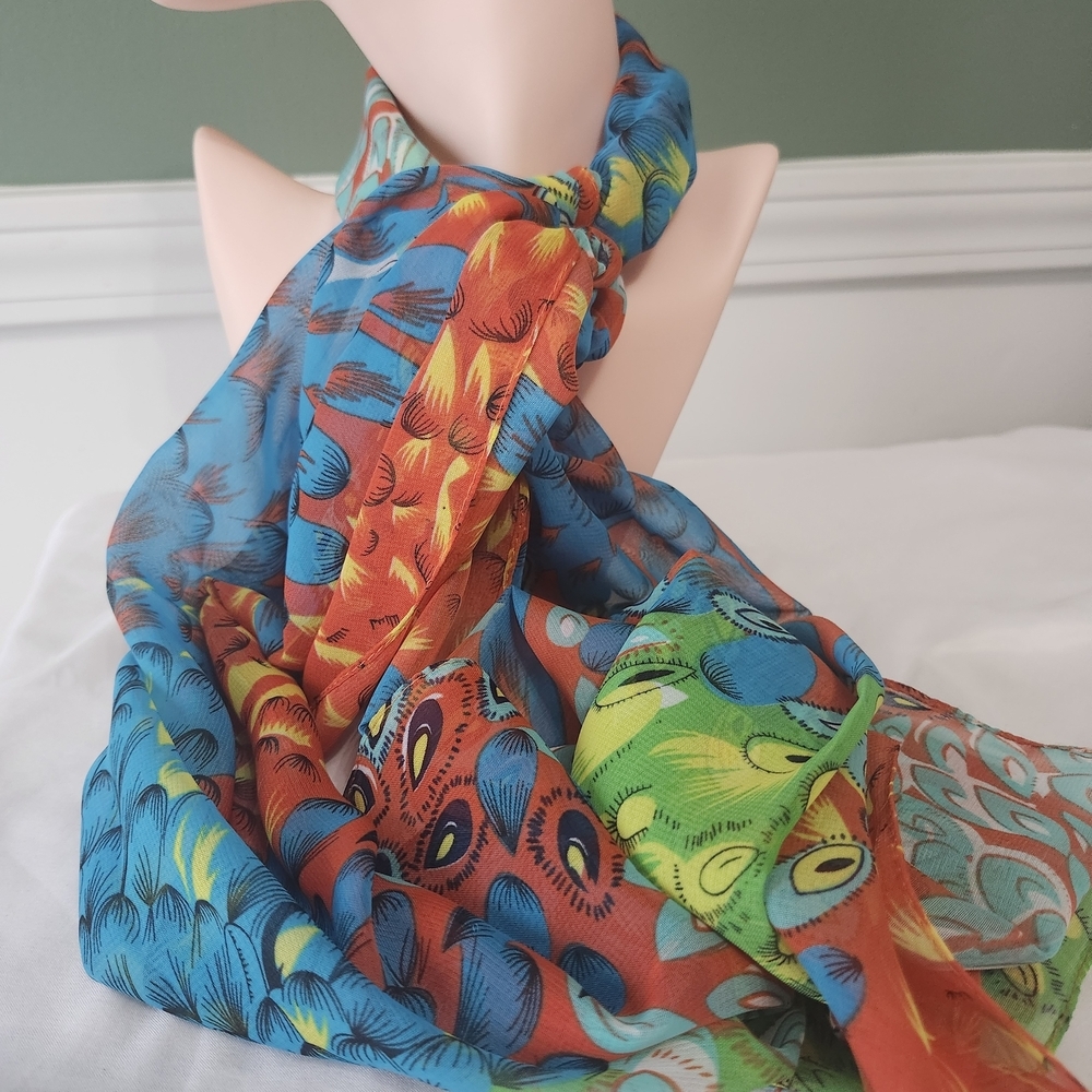 Colorful Peacock-Pattern Lightweight Women's Scarf - Blue, Orange, Green